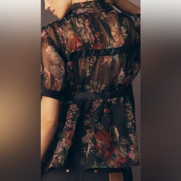 NWT Size L - Anthropologie Short-Sleeve Tie-Front Sheer Blouse (NWT US$ 118) - Picture 3 of 16